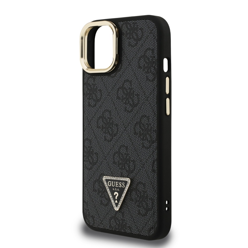 Guess PU 4G Strass háromszög logó állvány kamerakeret MagSafe hátlapi borító iPhone 14 Fekete