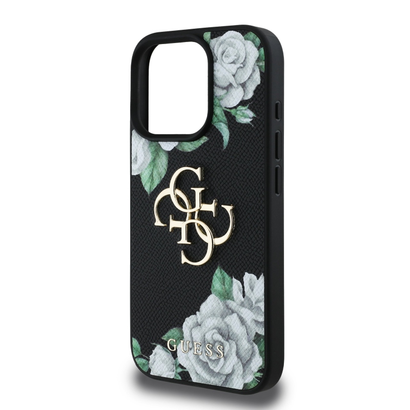 Guess PU szemcsés rózsák 4G fém logó hátlap iPhone 16 Pro fekete