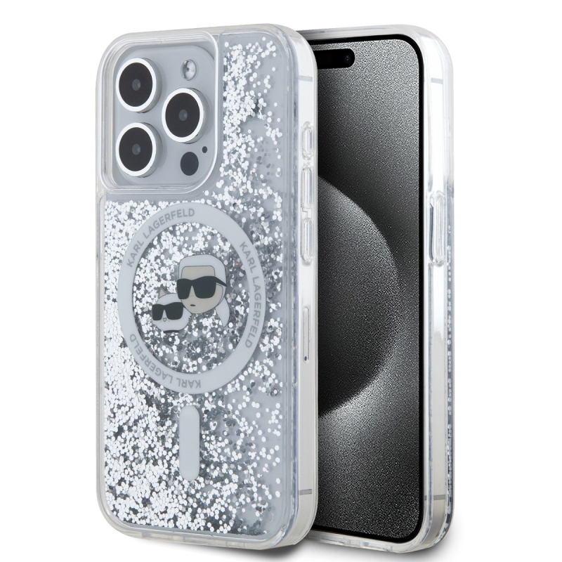 Karl Lagerfeld folyékony csillogó Karl és Choupette fejek MagSafe hátlap iPhone 15 Pro átlátszóhoz