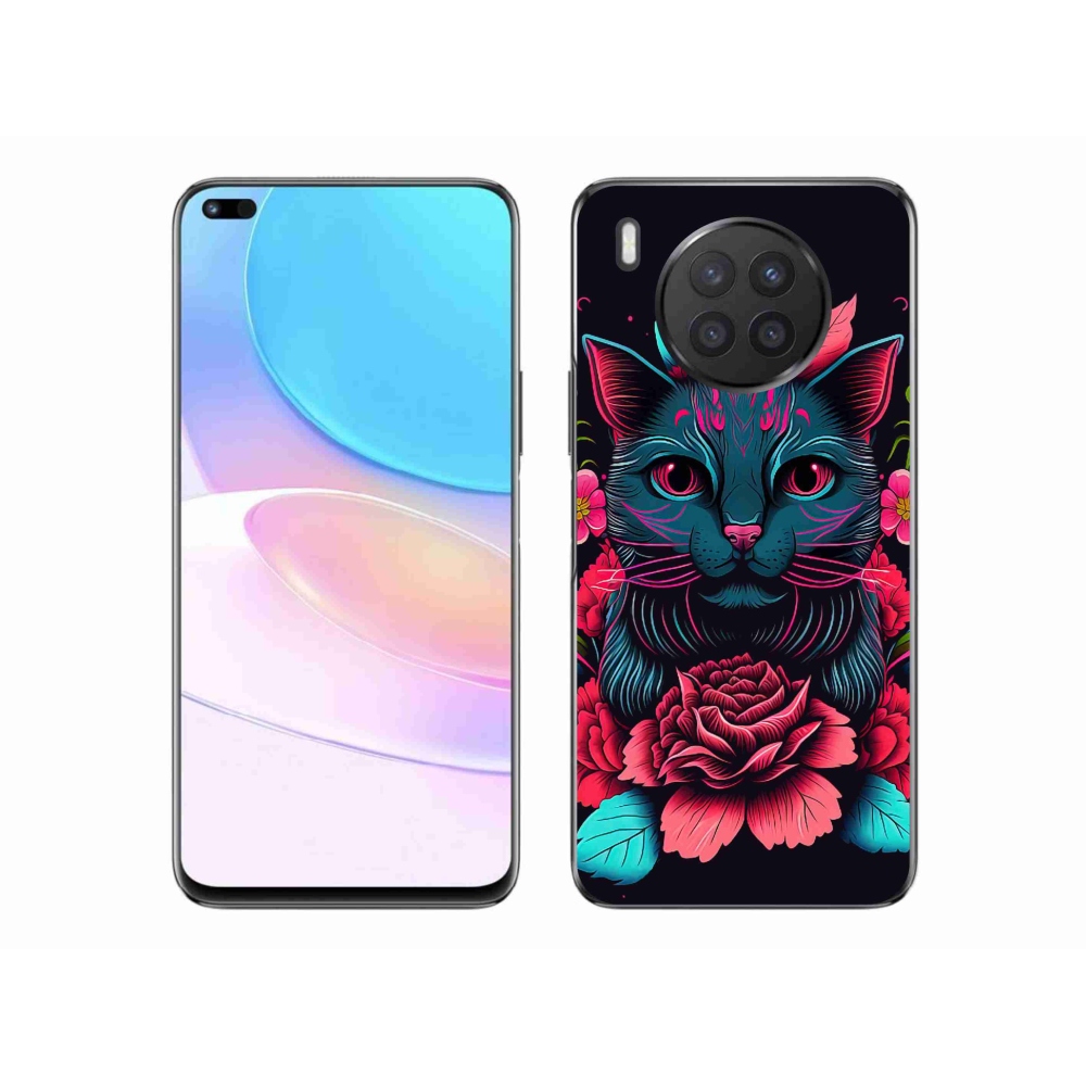 Gél borító mmCase a Huawei Nova 8i számára - virágok és macska