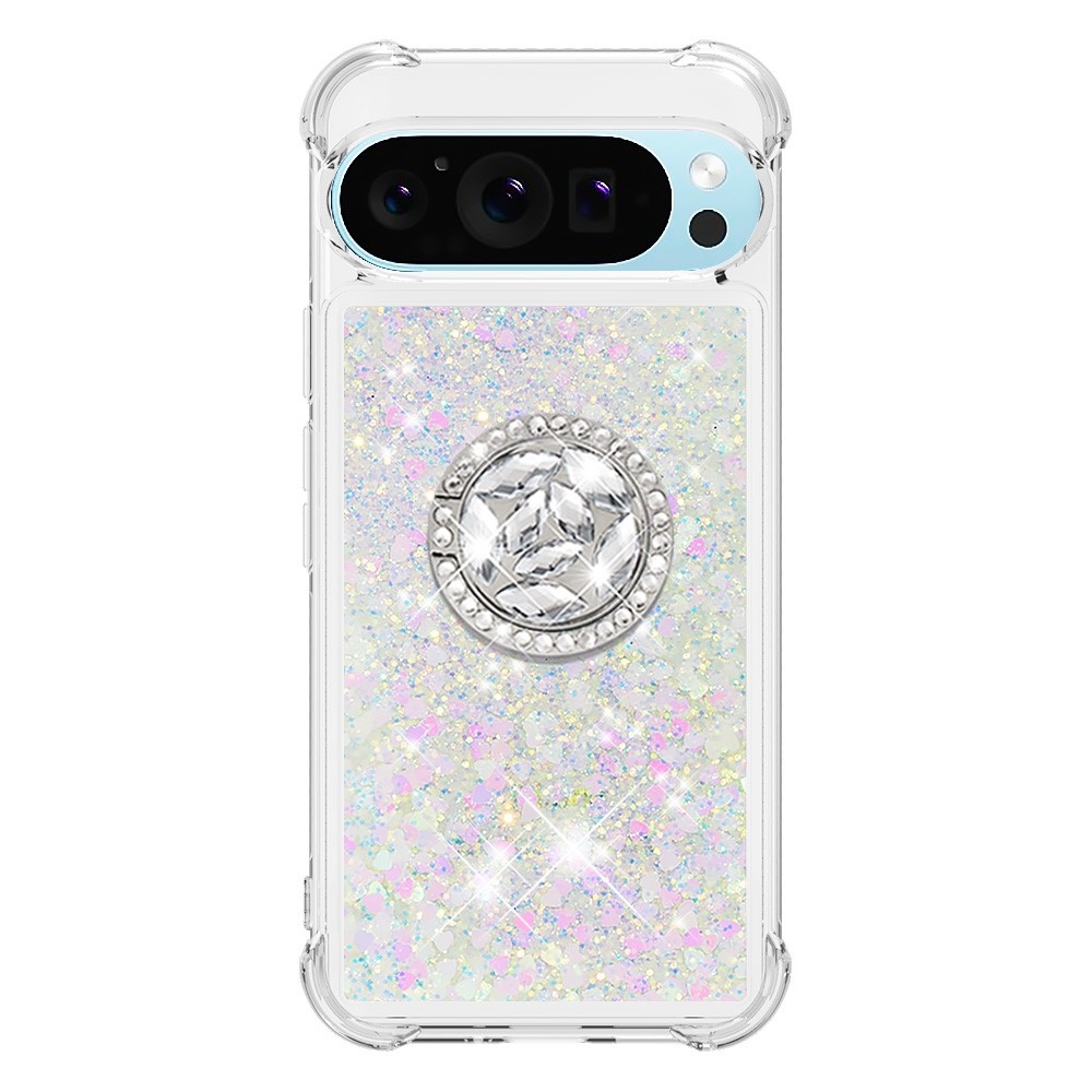 Glitt homokóra zselés tok ujjgyűrűvel a Google Pixel 10 számára - rózsaszín/ezüst/szív