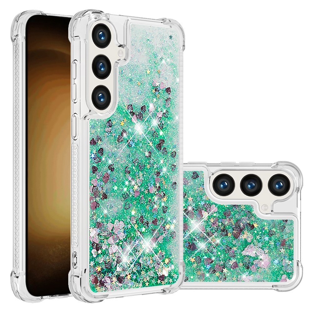 Glitter homokóra zselés tok Samsung Galaxy S24 készülékhez - zöld/szívek