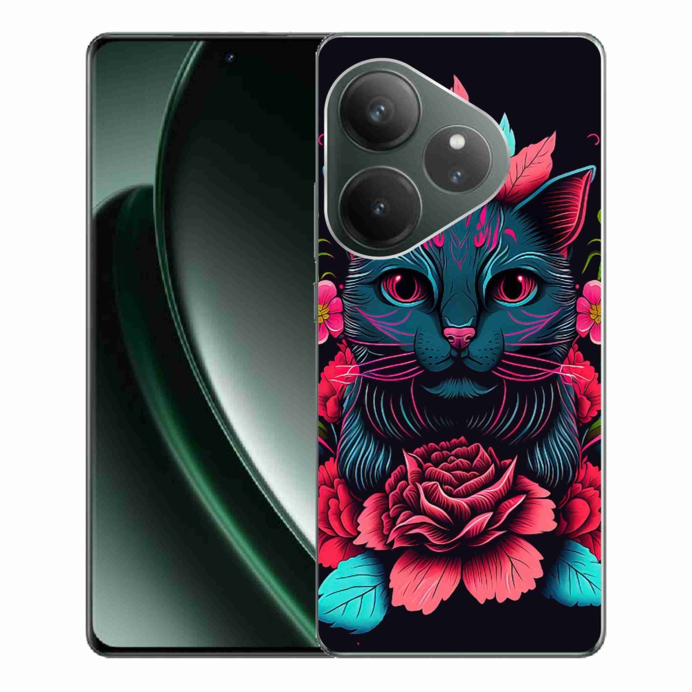 Gél borítás mmCase a Realme GT 6 5G/GT 6T 5G számára - virágok és macska
