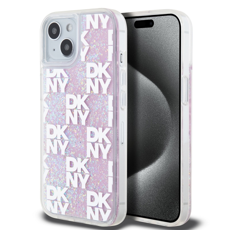 DKNY Liquid Glitter Checkered Pattern hátlapi borító iPhone 15 rózsaszínhez