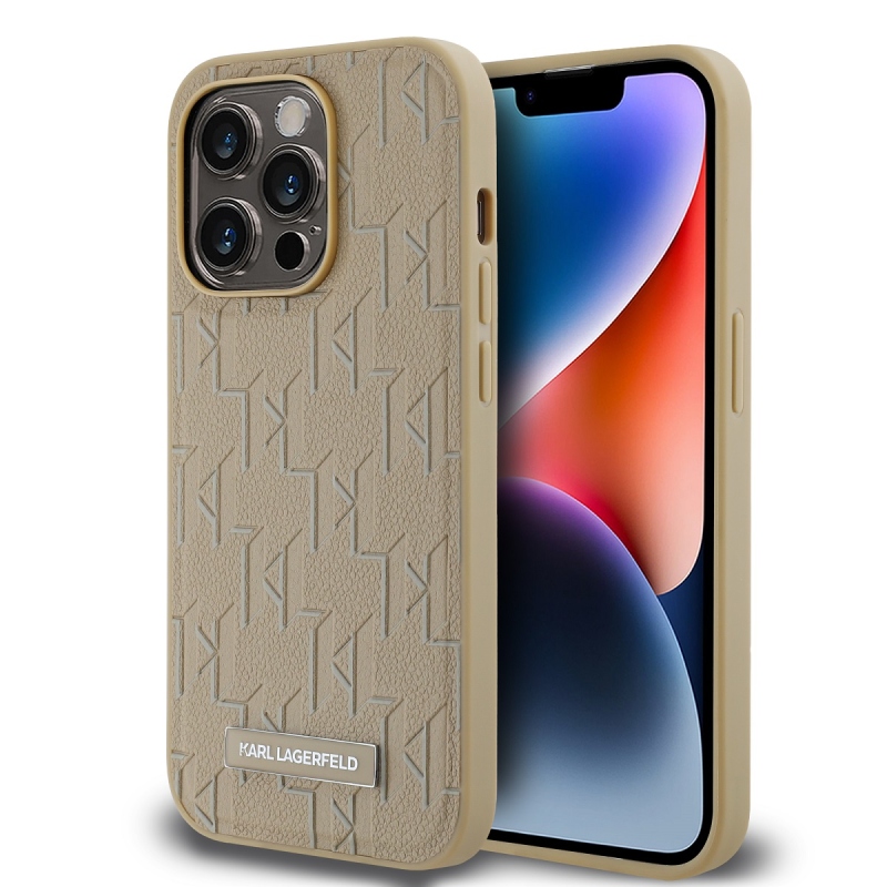 Karl Lagerfeld PU bőr monogram fém logó Magsafe hátlap iPhone 14 Pro bézs színű borítóhoz