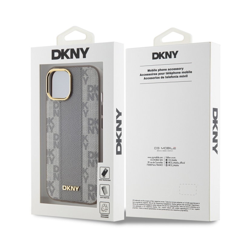 DKNY PU bőr kockás mintás Magsafe hátsó borító iPhone 15 bézs színű készülékhez