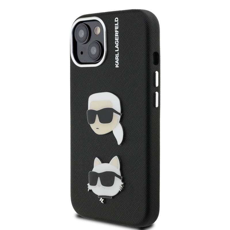 Karl Lagerfeld szemcsés PU K&CH Heads hátlap iPhone 15-hez Fekete