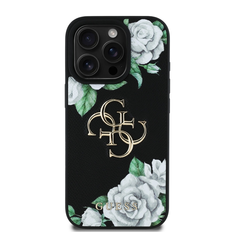 Guess PU szemcsés rózsák 4G fém logó hátlap iPhone 16 Pro fekete