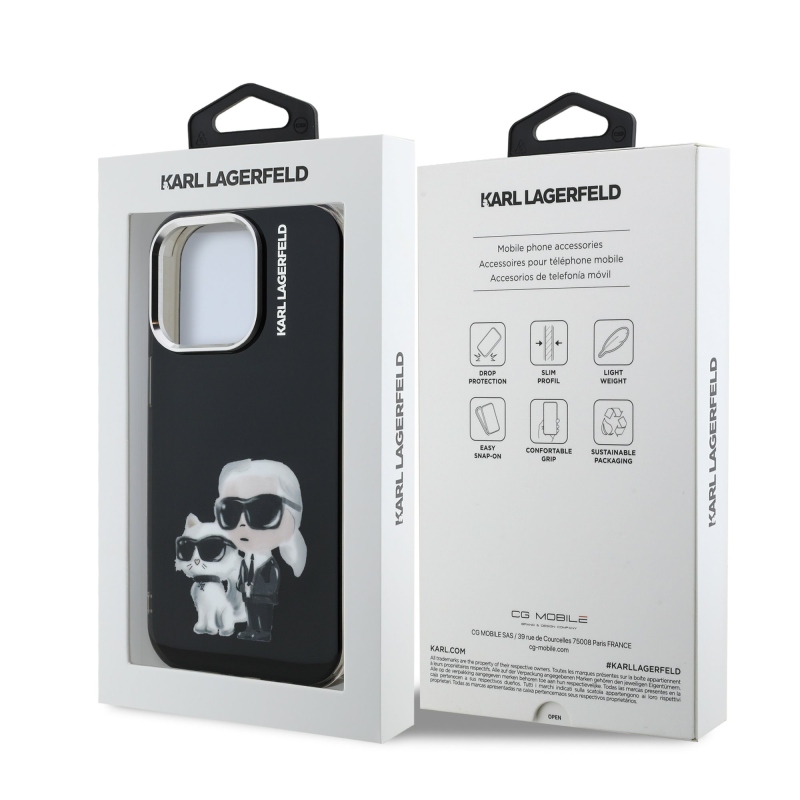 Karl Lagerfeld IML Aquarelle Karl és Choupette hátlapi borító iPhone 15 Pro készülékhez Fekete