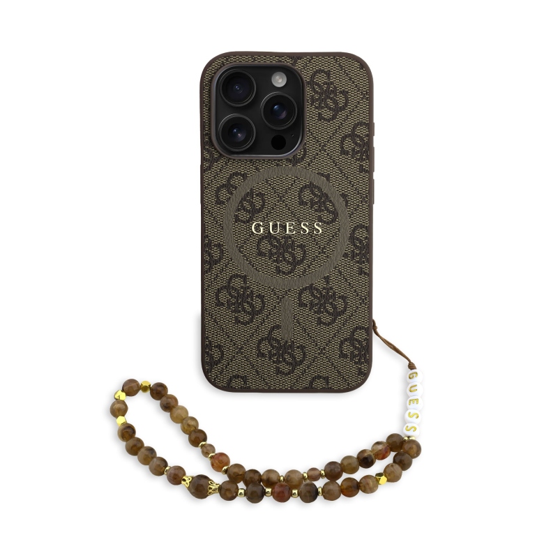 Guess PU bőr 4G színes gyűrűs pánt MagSafe hátsó borító iPhone 15 Pro Max barna színhez
