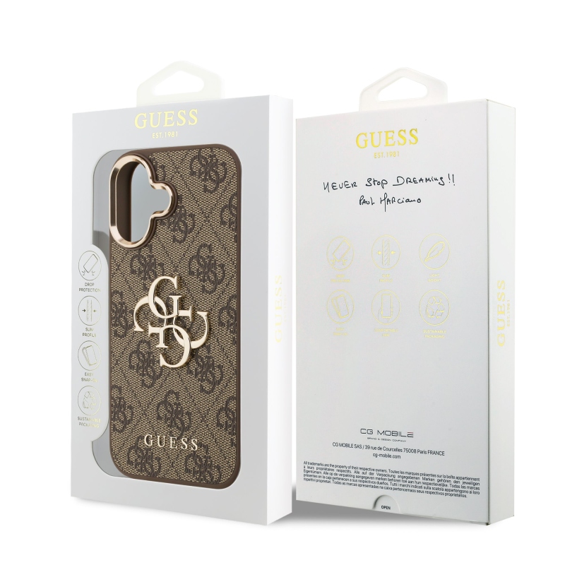 Guess PU bőr 4G fém logó arany keret hátlapi borító iPhone 17 barna barna