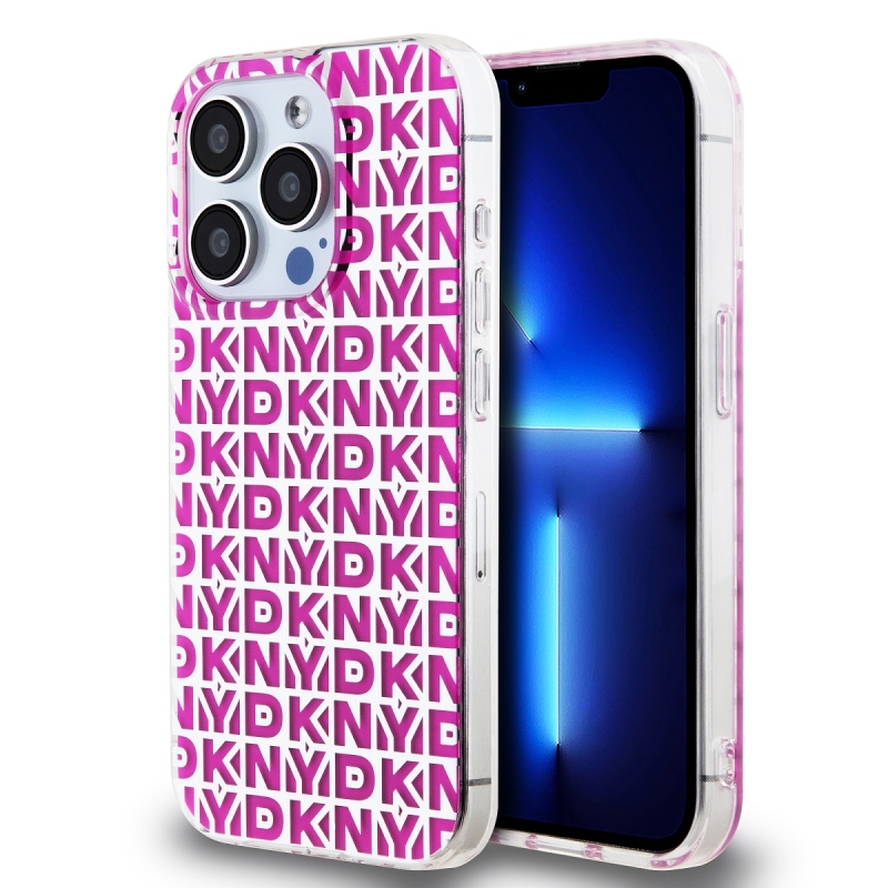 DKNY PC/TPU ismétlődő mintás hátsó borító iPhone 15 Pro rózsaszínhez