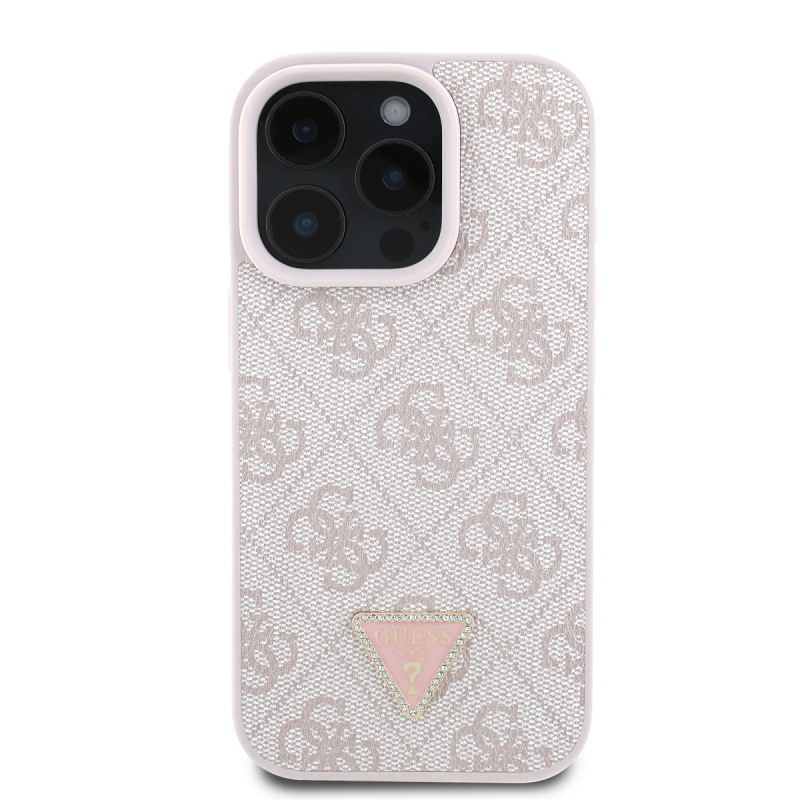 Guess PU 4G Strass háromszög fém logó hátlap iPhone 16 Pro rózsaszínhez