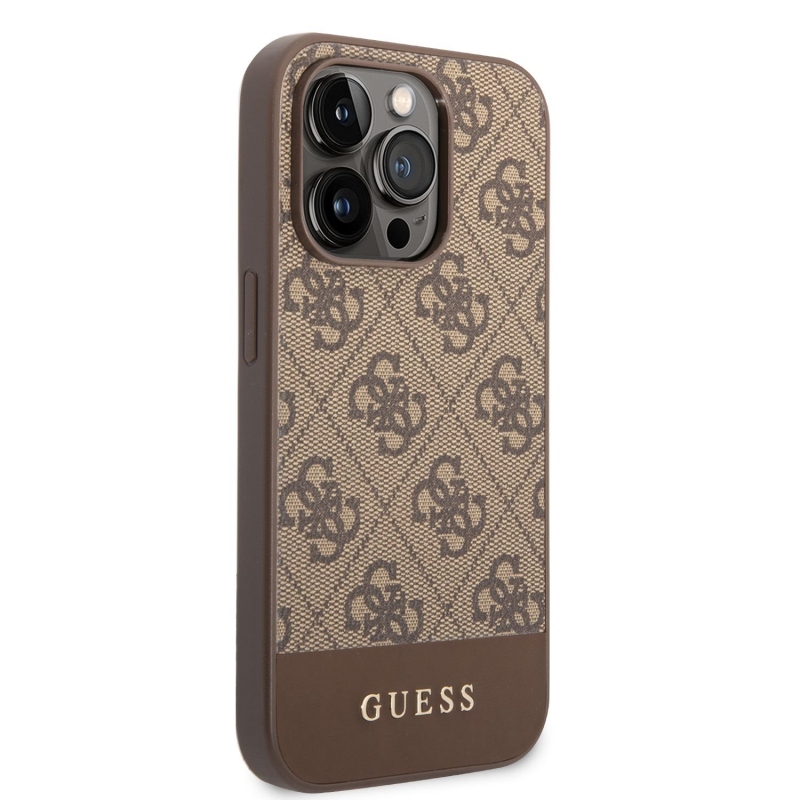 Guess PU 4G csíkos hátlap iPhone 14 Pro barna színű iPhone 14 Pro számára