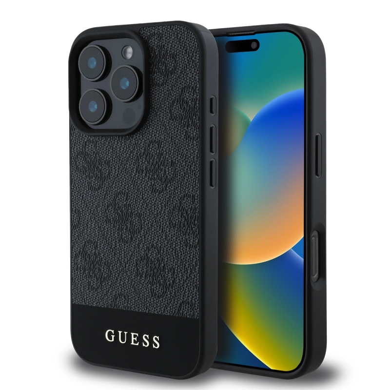 Guess PU 4G csíkos hátlap iPhone 16 Pro Max-hoz Szürke
