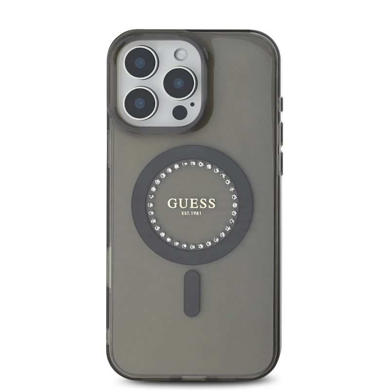 Guess IML strasszos gyűrű MagSafe hátlap az iPhone 16 Pro Max számára Fekete