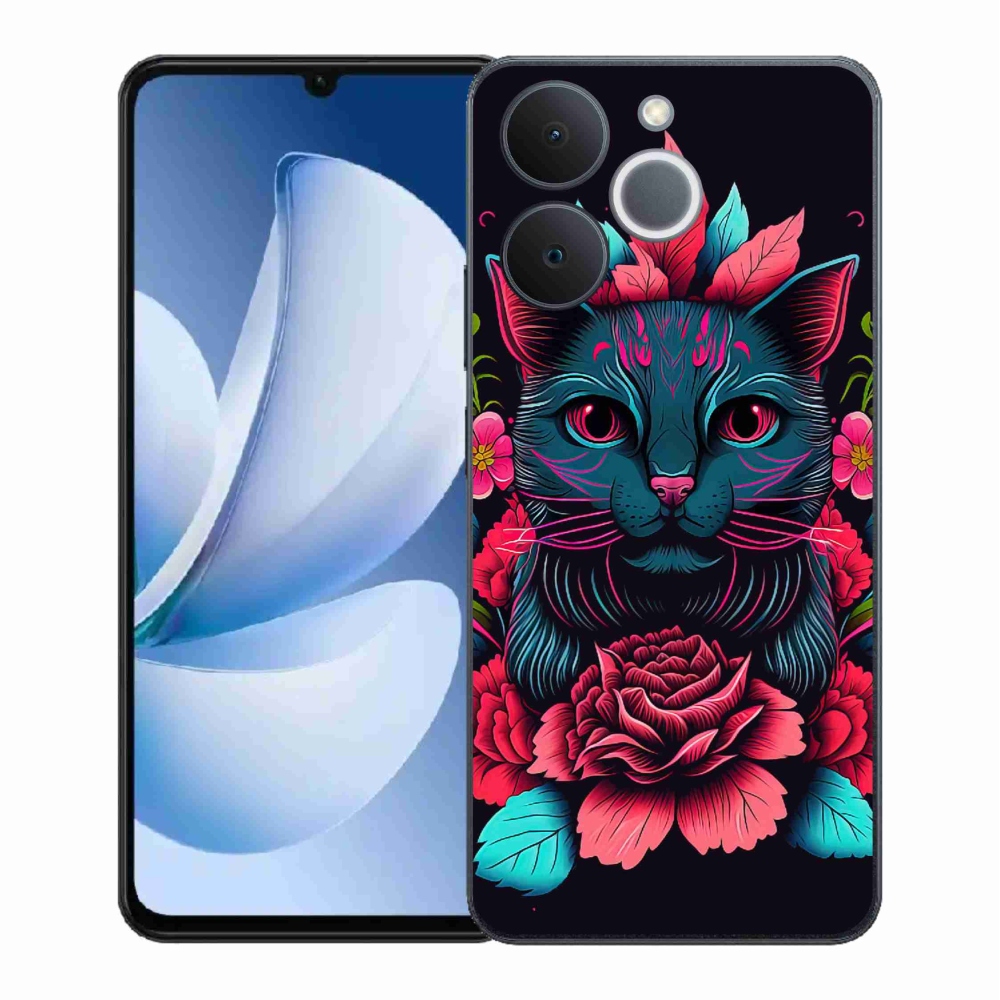 Gél borító mmCase a Realme Note 70T-hez - virágok és macska