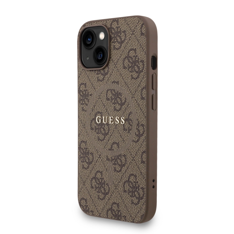 Guess PU bőr 4G színes gyűrűs pánt MagSafe hátlap iPhone 15-hez barna barna