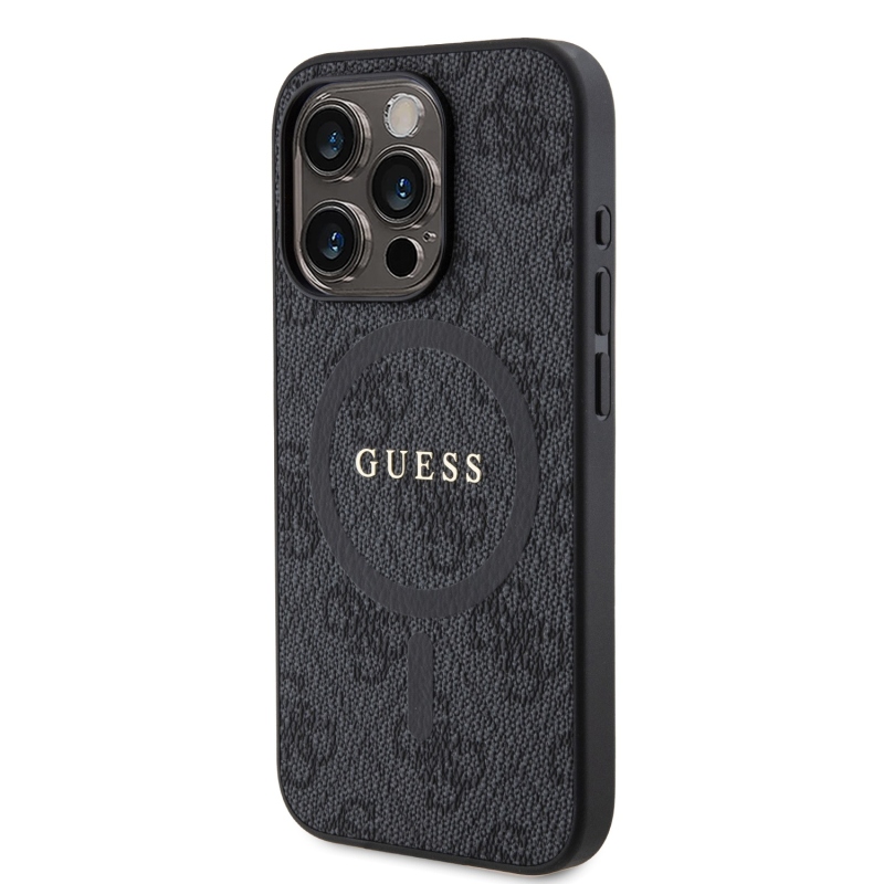 Guess PU bőr 4G színes gyűrűs MagSafe hátlap iPhone 15 Pro Fekete