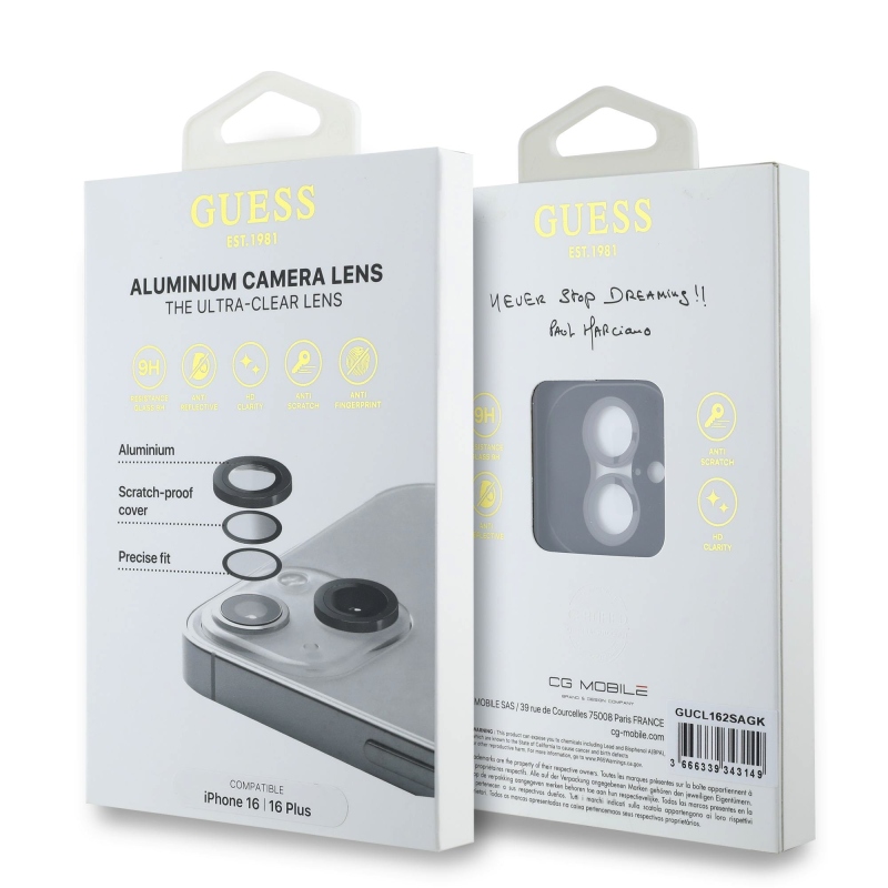 Guess fém objektívvédő iPhone 16/16 Plus készülékhez Fekete