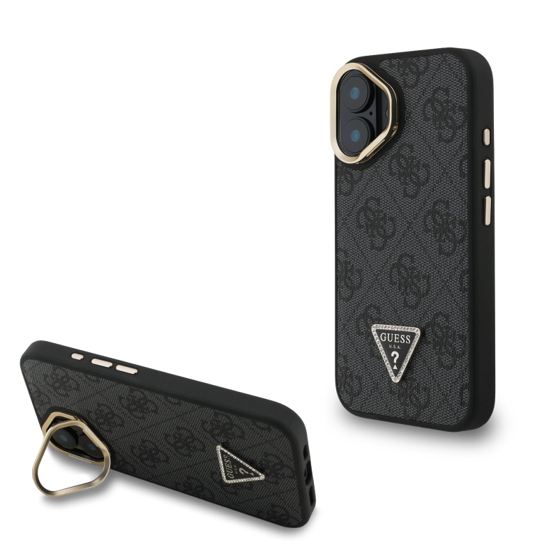 Guess PU 4G Strass háromszög logó állvány kamerakeret MagSafe hátlapi borító iPhone 16-hoz Fekete