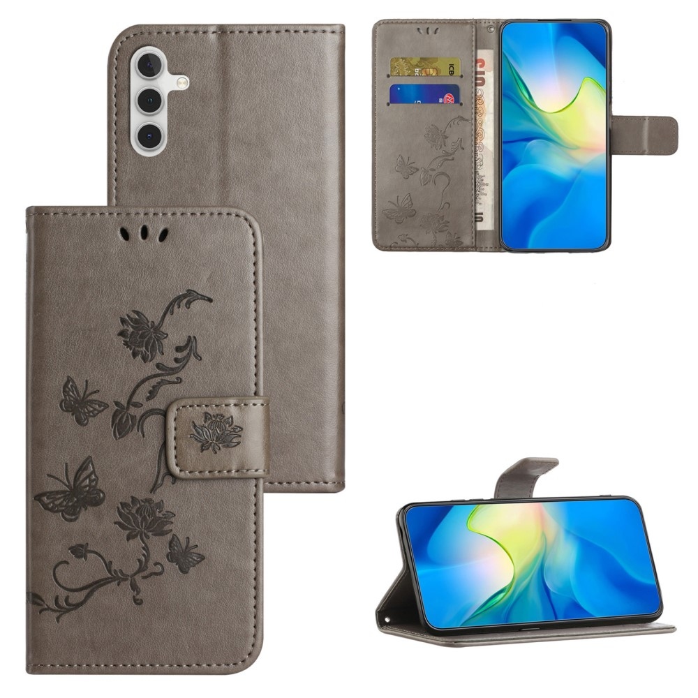 Virágos könyvtáska Samsung Galaxy S24 FE készülékhez - szürke