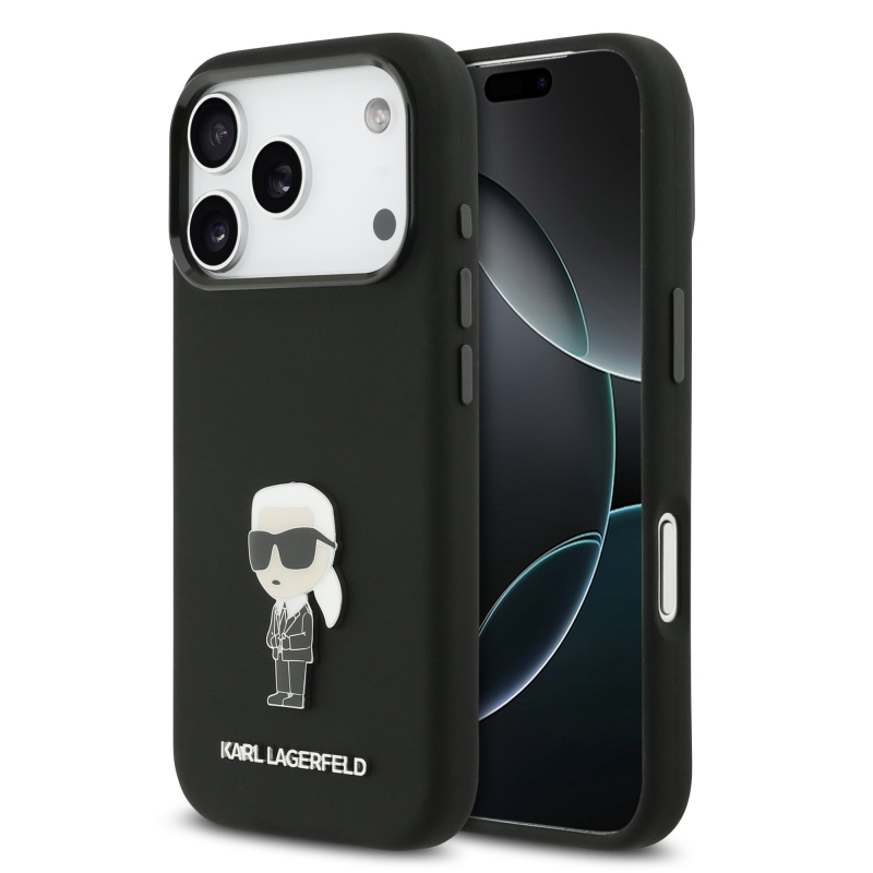 Karl Lagerfeld Folyékony szilikon fém Ikonik hátlap iPhone 17 Pro Fekete