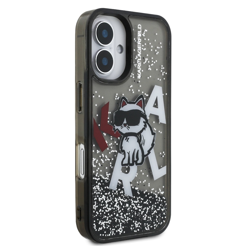 Karl Lagerfeld Folyékony csillámporos, szétszórt Choupette hátlap iPhone 16-hoz Fekete