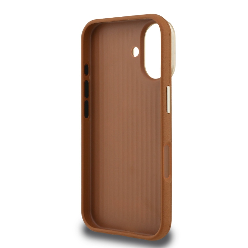 Guess PU szemcsés 4G Logo Stand Kamera keret hátlapi borító iPhone 16 barna barna