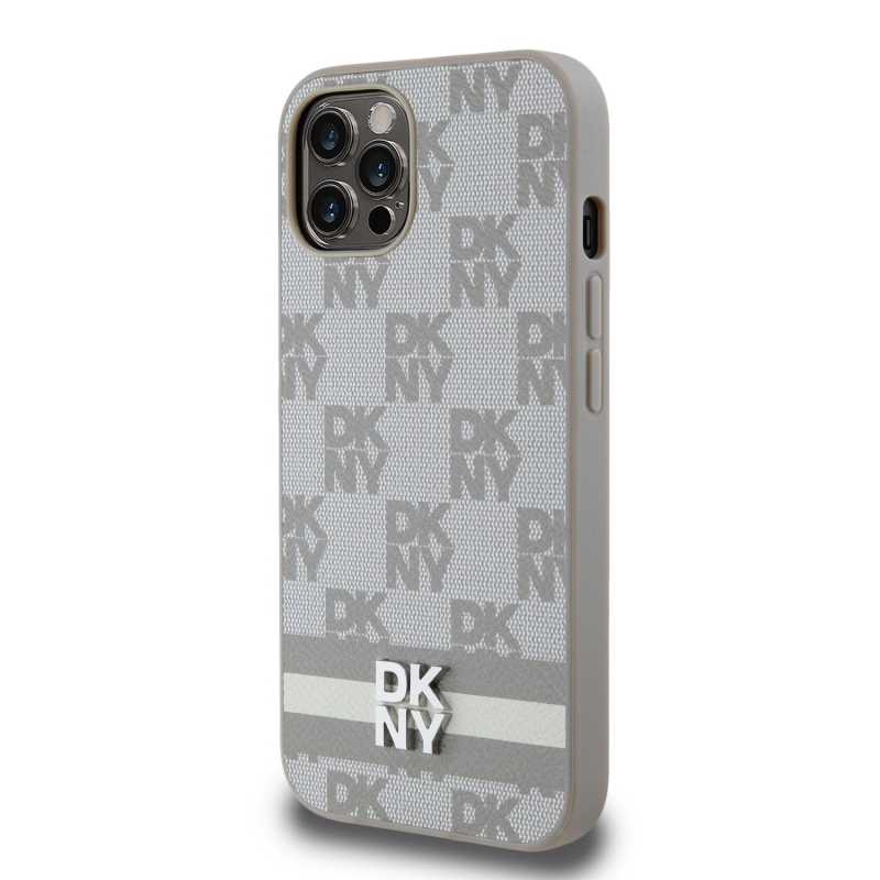 DKNY PU bőr kockás mintás és csíkos hátlapi borító iPhone 12/12 Pro bézs színű készülékhez