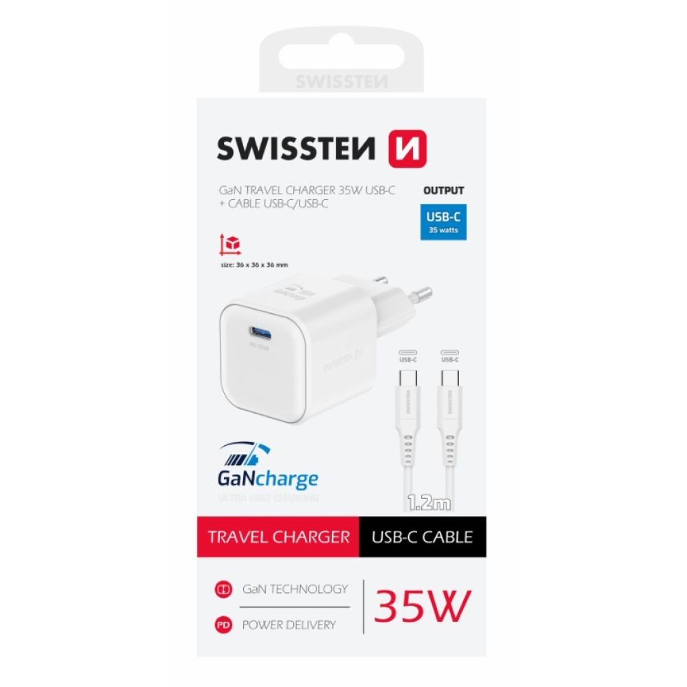 Swissten GaN 1x USB-C 35W tápegység + USB-C/USB-C kábel 1,2m - fehér