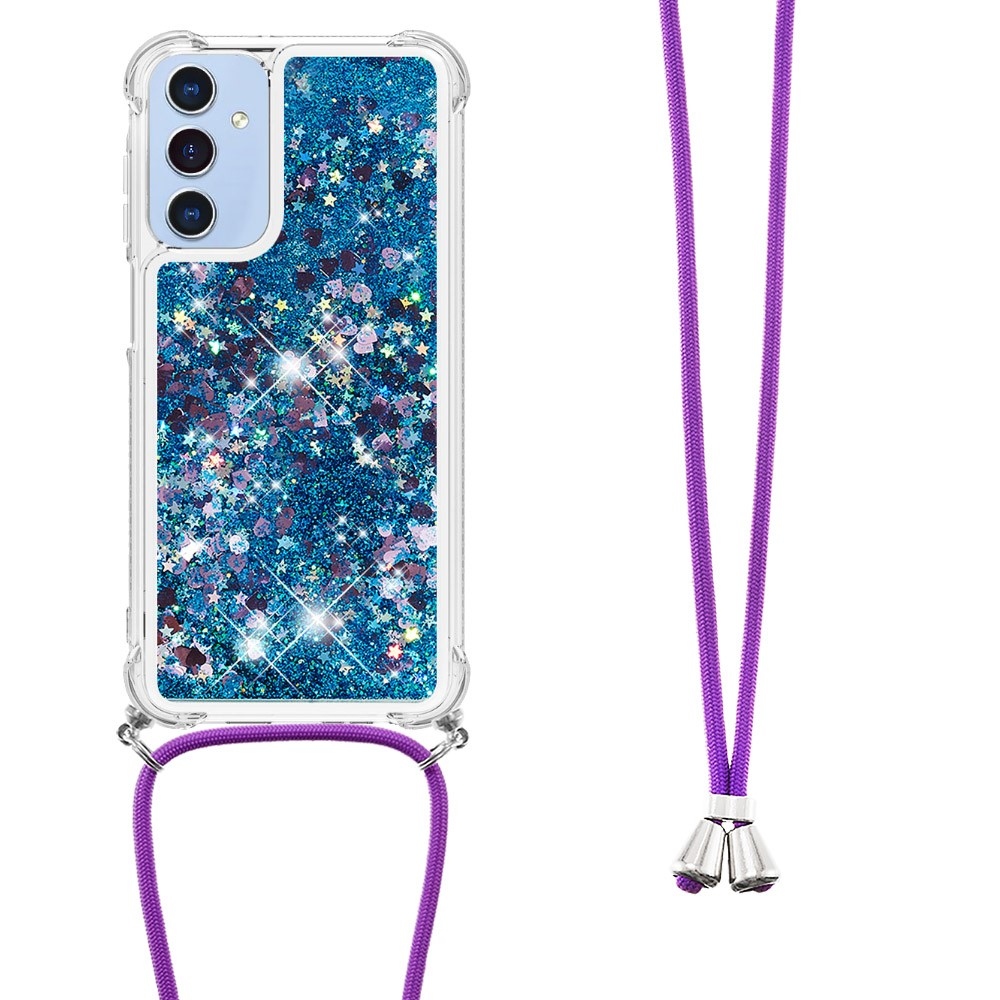 Csillogó homokóra zselés tok húzózsinórral Samsung Galaxy A26 5G - kék/szív