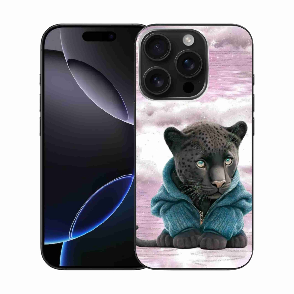 Zselés borítás mmCase iPhone 16 Pro készülékhez - fekete párduc pulóverben