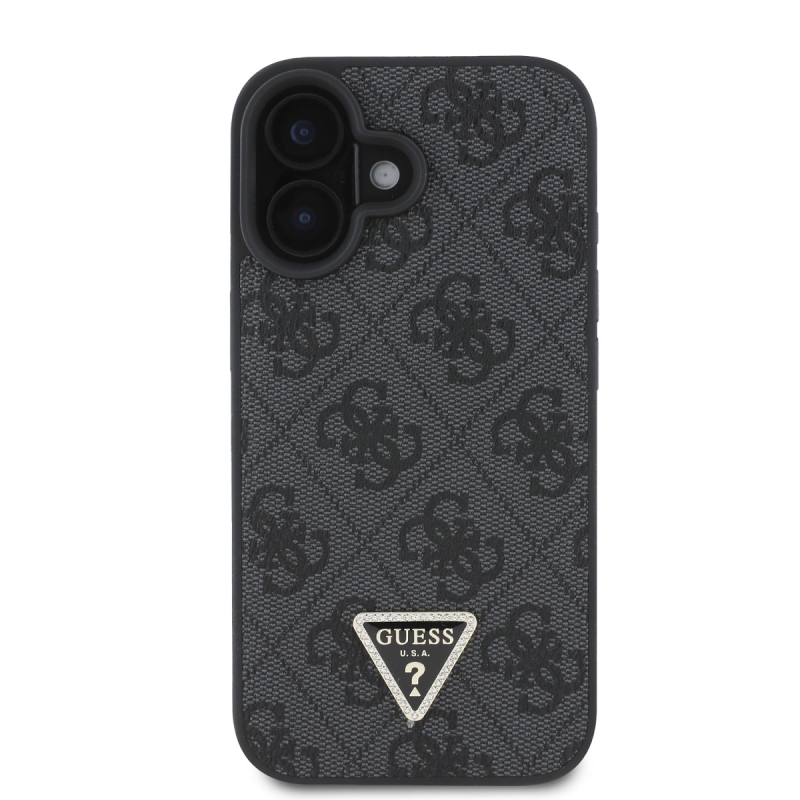 Guess PU 4G Strass háromszög fém logó hátlap iPhone 16-hoz Fekete