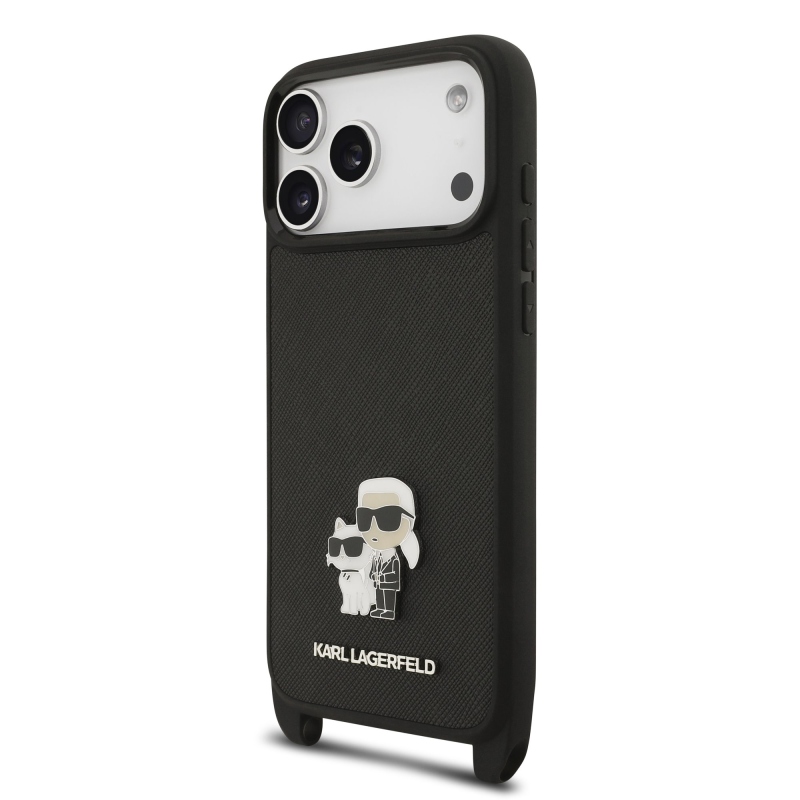 Karl Lagerfeld Saffiano Crossbody Strap Metal Karl és Choupette hátlapi borító iPhone 17 Pro Max-hoz Fekete