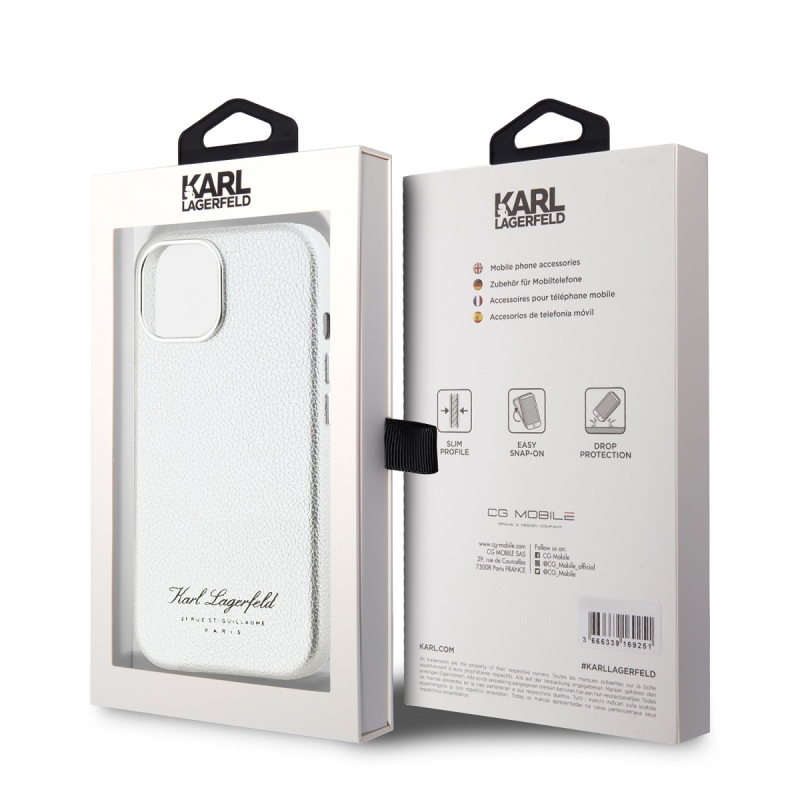 Karl Lagerfeld szemcsés PU Hotel RSG hátlap iPhone 15 készülékhez Szürke