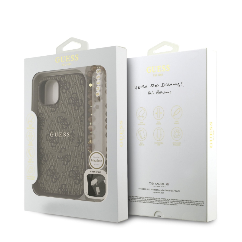 Guess PU bőr 4G színes gyűrűs pánt MagSafe hátlap iPhone 15-hez barna barna