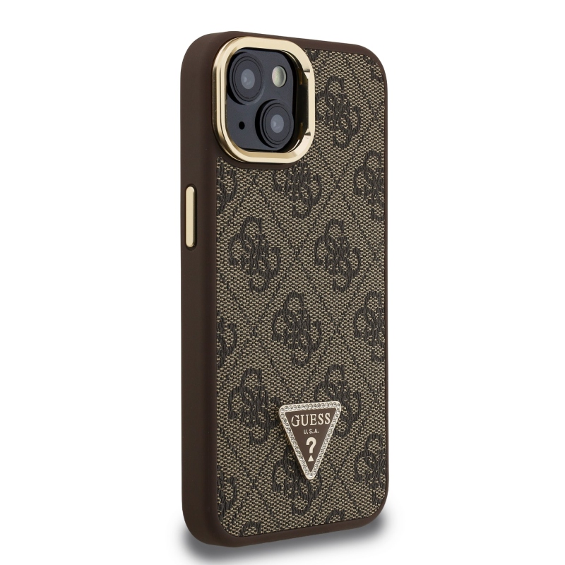 Guess PU 4G Strass háromszög logó állvány kamera keret MagSafe hátlapi borító iPhone 13 barna barna