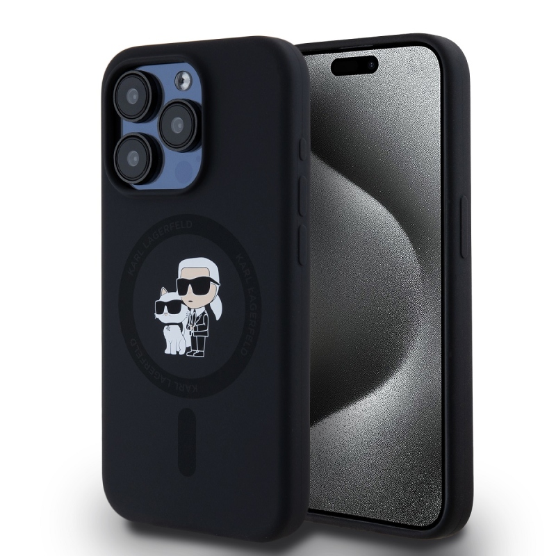 Karl Lagerfeld folyékony szilikon Karl és Choupette Magsafe hátlap iPhone 15 Pro fekete színűre
