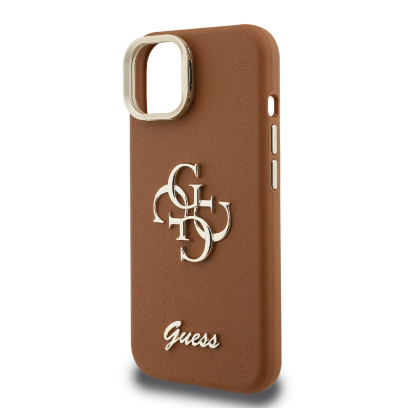 Guess PU szemcsés 4G Logo Stand Kamera keret hátlapi borító iPhone 15-hez Barna barna