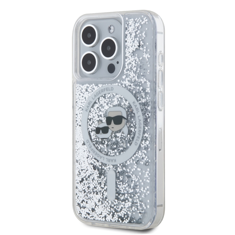 Karl Lagerfeld folyékony csillogó Karl és Choupette fejek MagSafe hátlap iPhone 15 Pro átlátszóhoz