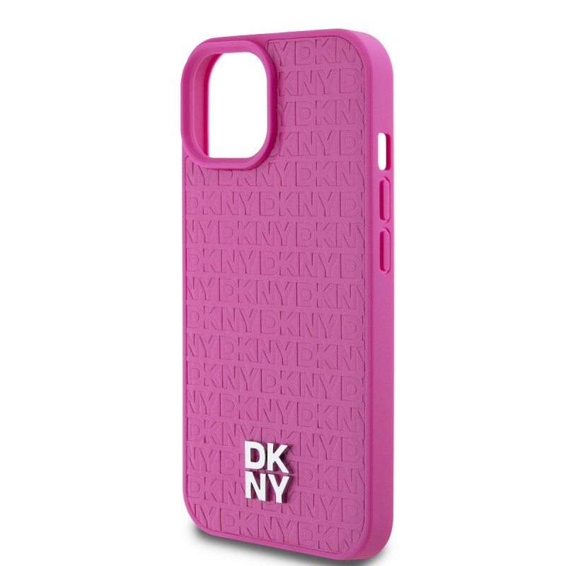 DKNY PU bőr Ismétlődő mintás Stack Logo Magsafe hátlap iPhone 15 rózsaszínhez