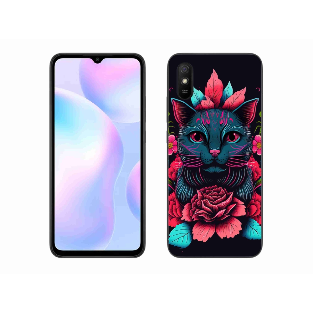 Gél borító mmCase a Xiaomi Redmi 9AT-hoz - virágok és macska