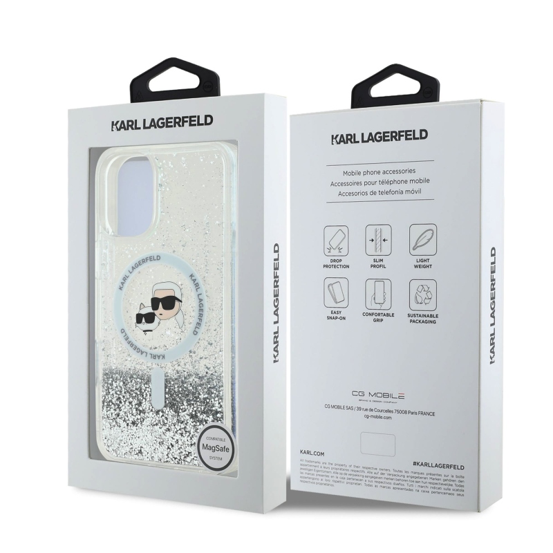 Karl Lagerfeld Folyékony csillogó Karl és Choupette fejek MagSafe hátlap iPhone 16-hoz Átlátszó