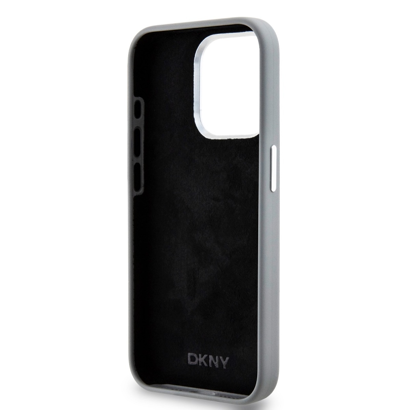 DKNY Liquid szilikon ezüst fém logó Magsafe hátlap iPhone 15 Pro szürke szürkéhez