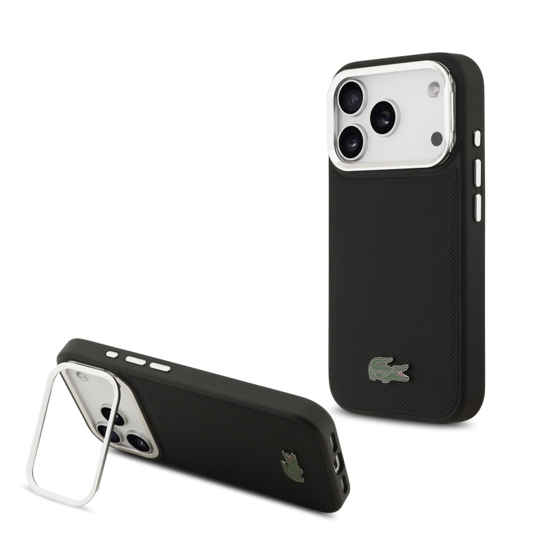 Lacoste Iconic Petit Pique kameraállvány MagSafe hátlapi borító iPhone 17 Pro-hoz Fekete