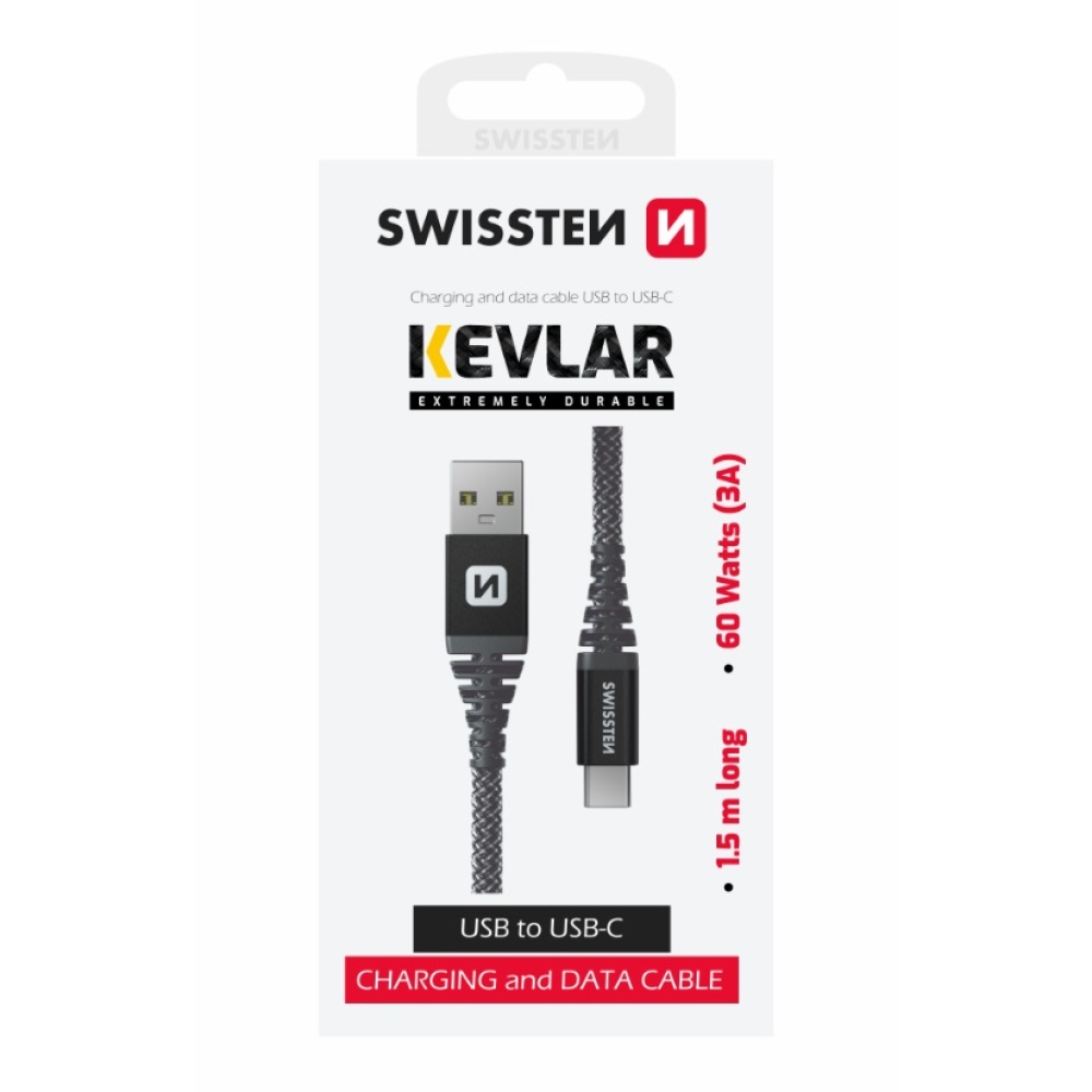 Swissten Kevlar USB/USB-C adatkábel 1,5m - antracit színű