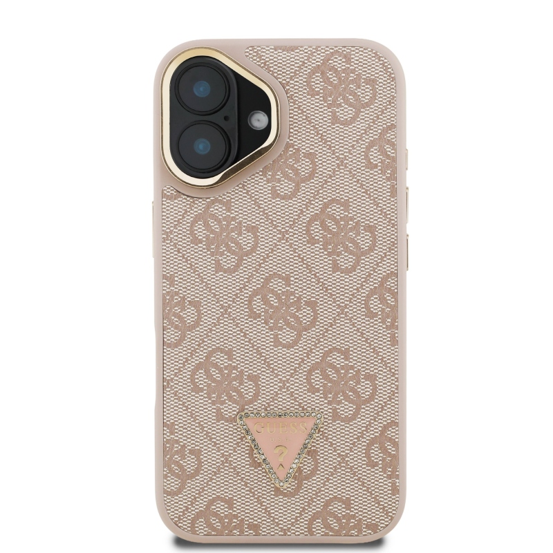 Guess PU 4G Strass háromszög logó állvány kamerakeret MagSafe hátlapi borító iPhone 16 rózsaszínhez