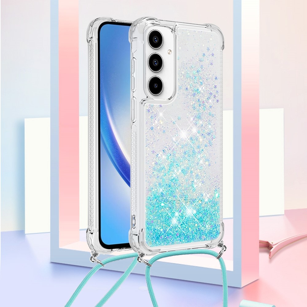 Csillogó homokóra zselés tok húzózsinórral Samsung Galaxy A56 5G - kék/csillagok