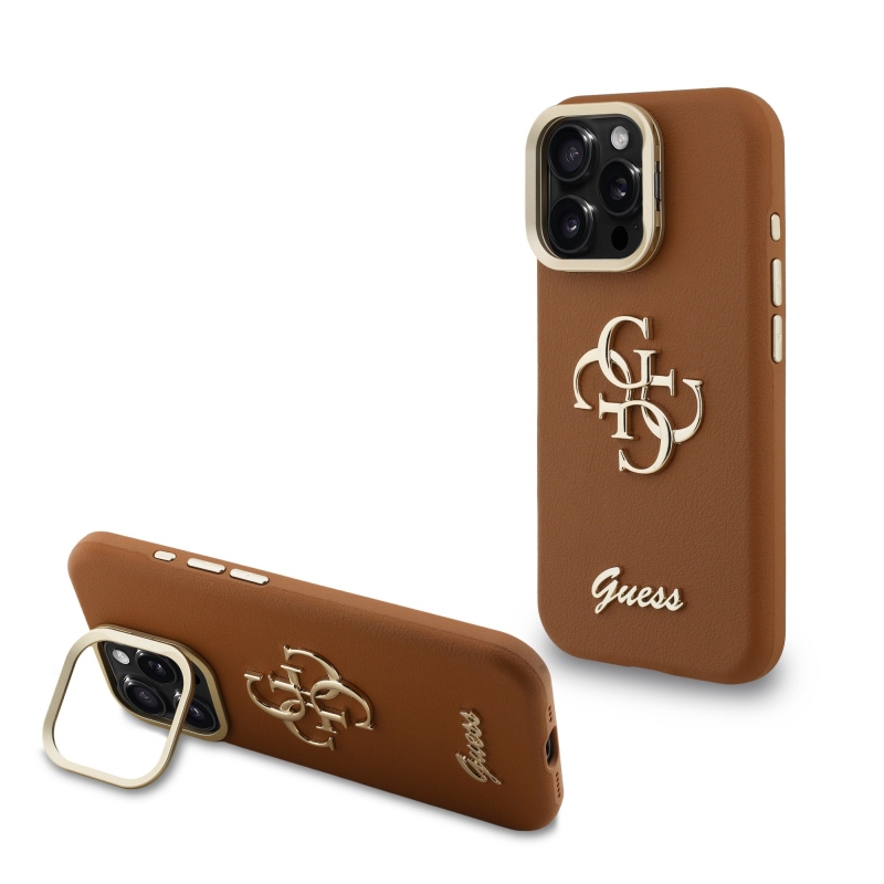 Guess PU szemcsés 4G logós állvány kamerakeret hátlap iPhone 16 Pro Max-hoz barna barna